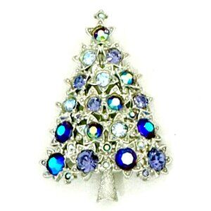 Vintage Christmas Tree Brooch/Pin Silver w/Shades of Blue/Purple Rhinestones